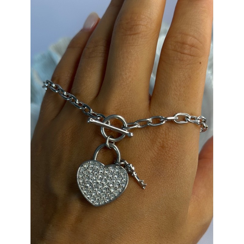 925 Sterling Silver Heart & Key CZ Bracelet Length 7.5