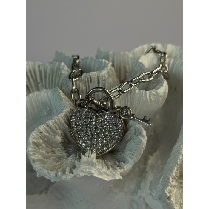 925 Sterling Silver Heart & Key CZ Bracelet Length 7.5