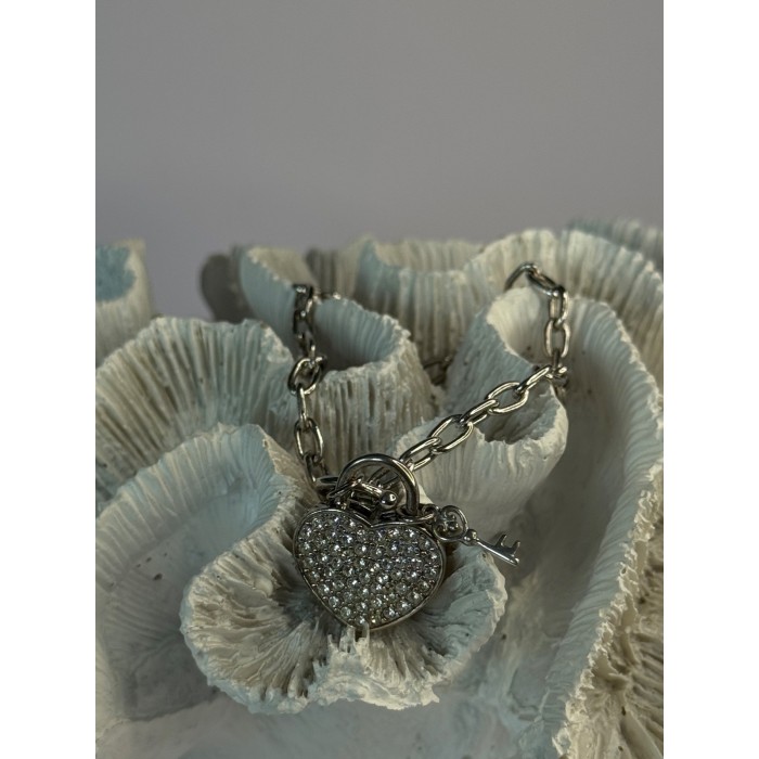 925 Sterling Silver Heart & Key CZ Bracelet Length 7.5