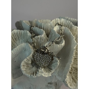 925 Sterling Silver Heart & Key CZ Bracelet Length 7.5