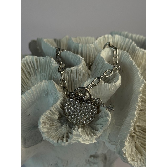 925 Sterling Silver Heart & Key CZ Bracelet Length 7.5