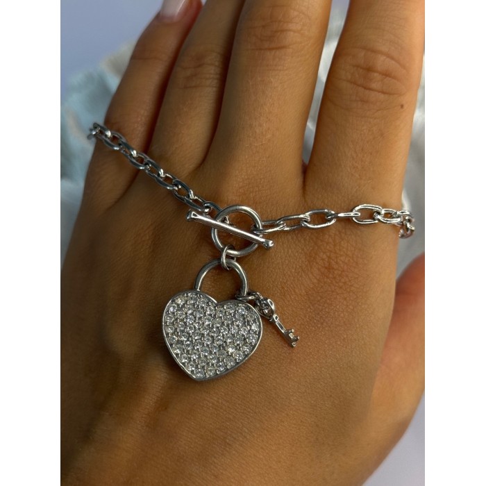 925 Sterling Silver Heart & Key CZ Bracelet Length 7.5