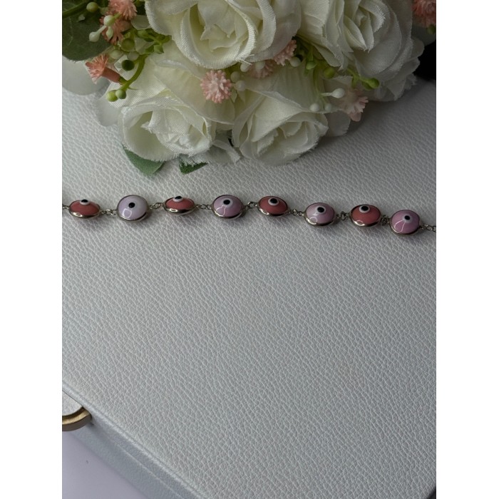Ati 925 Sterling Silver Pink Evil Eye Bracelet Length 7 Inch