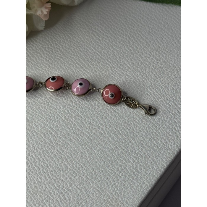 Ati 925 Sterling Silver Pink Evil Eye Bracelet Length 7 Inch