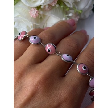 Ati 925 Sterling Silver Pink Evil Eye Bracelet Length 7 Inch