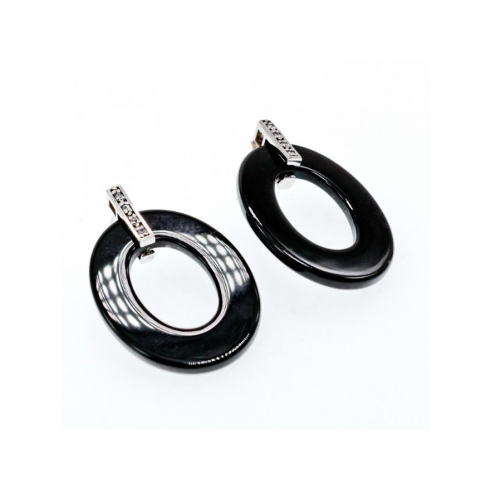 925 Sterling Silver Black Jewelry Glass & CZ Earrings