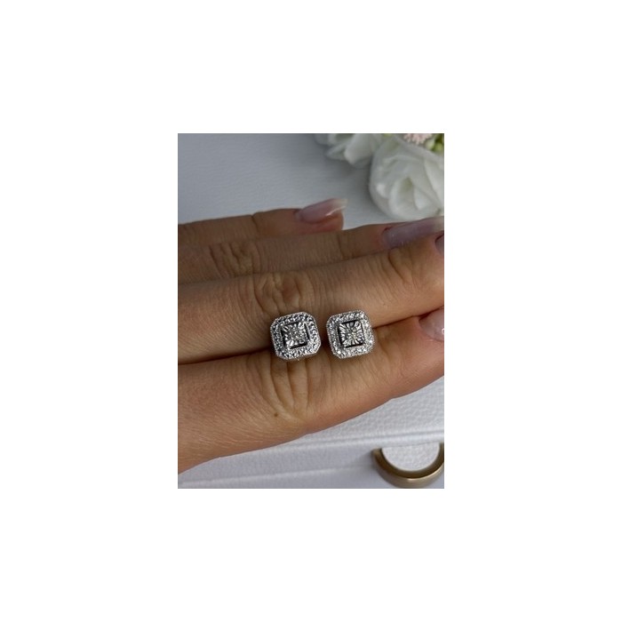 925 Sterling Silver Diamonds Stud Earrings Length 0.37 Inch