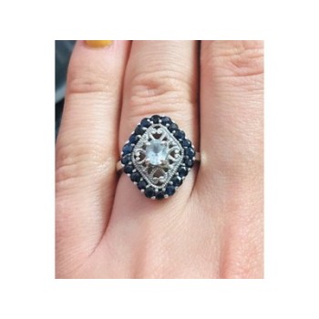 925 Sterling Silver Aquamarine & Dark Blue Spinel Ring Size 7