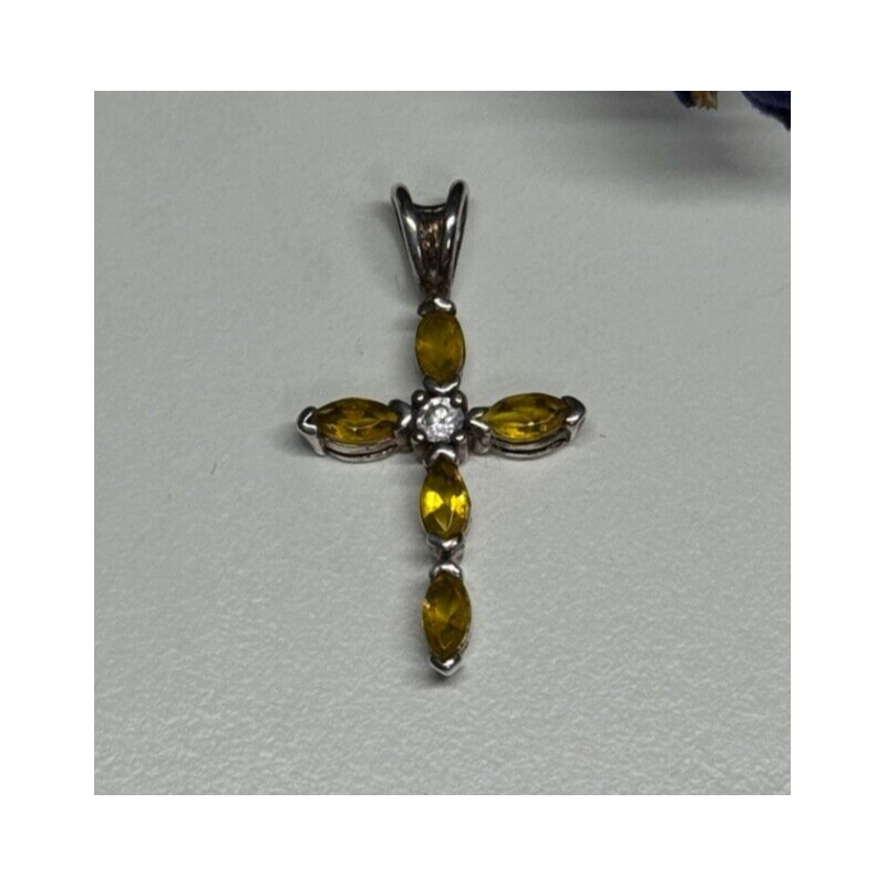 925 Sterling Silver Citrine & Beryl Cross Length 28 Mm
