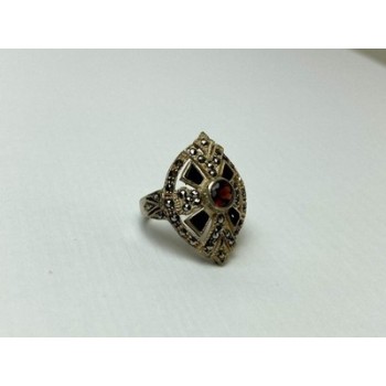 925 Sterling Silver Spessartine, Black Nephrite & Marcasites Ring Size 6.5