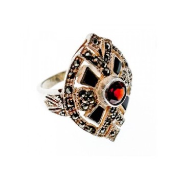 925 Sterling Silver Spessartine, Black Nephrite & Marcasites Ring Size 6.5