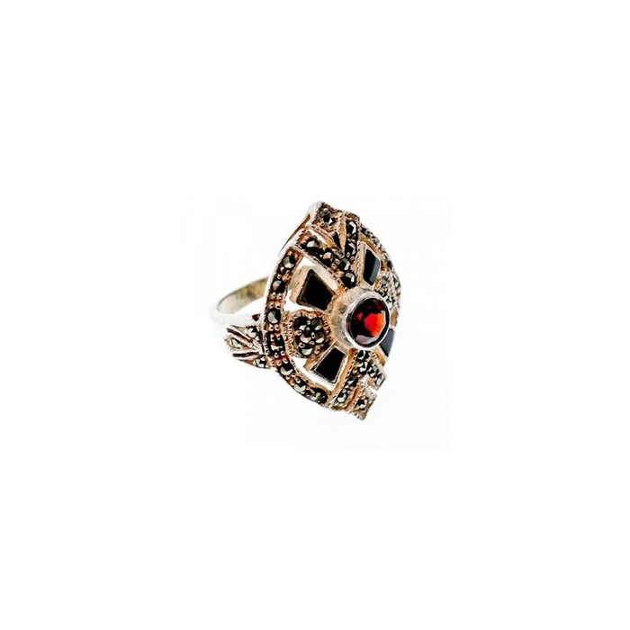 925 Sterling Silver Spessartine, Black Nephrite & Marcasites Ring Size 6.5
