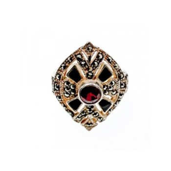 925 Sterling Silver Spessartine, Black Nephrite & Marcasites Ring Size 6.5