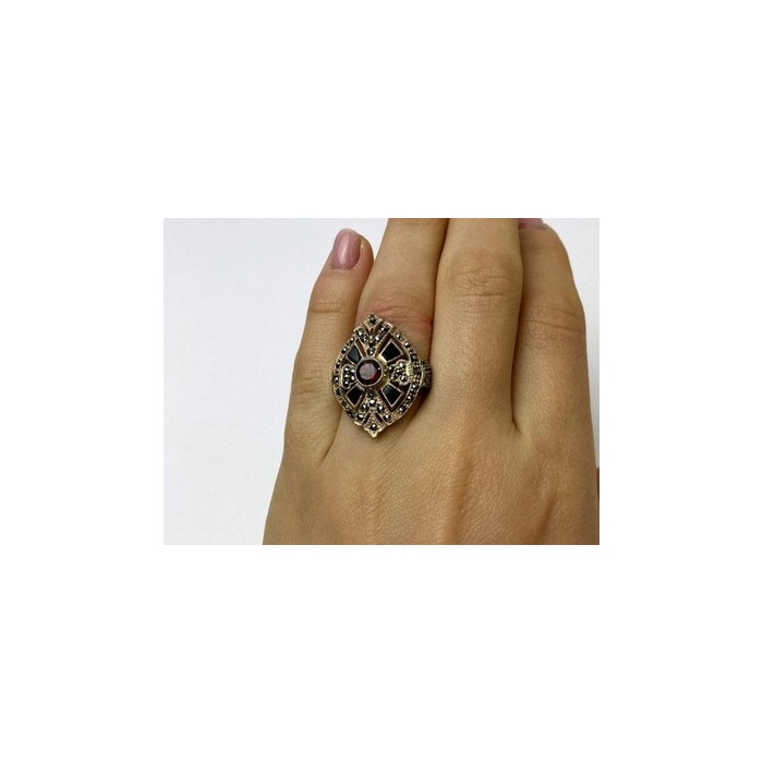 925 Sterling Silver Spessartine, Black Nephrite & Marcasites Ring Size 6.5