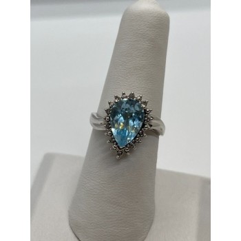 14K WHITE GOLD TOPAZ & DIAMONDS RING  SIZE 6
