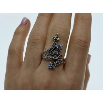 925 Sterling Silver Peridot, Topaz, Spinel & Marcasites Ring Size 6