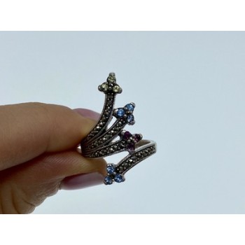 925 Sterling Silver Peridot, Topaz, Spinel & Marcasites Ring Size 6