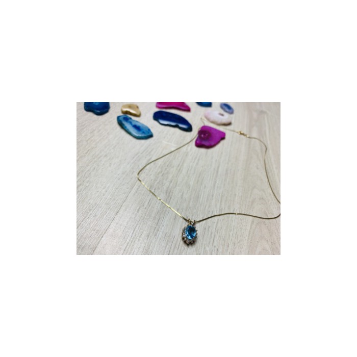 14K YELLOW GOLD BLUE SPINEL & CZ CHAIN WITH PENDANT