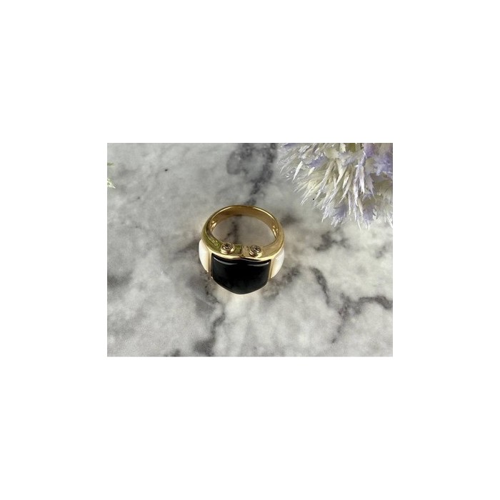 925 Sterling Silver Gold Plated Black Jade, Mother Of Pearl & CZ Ring Size 7