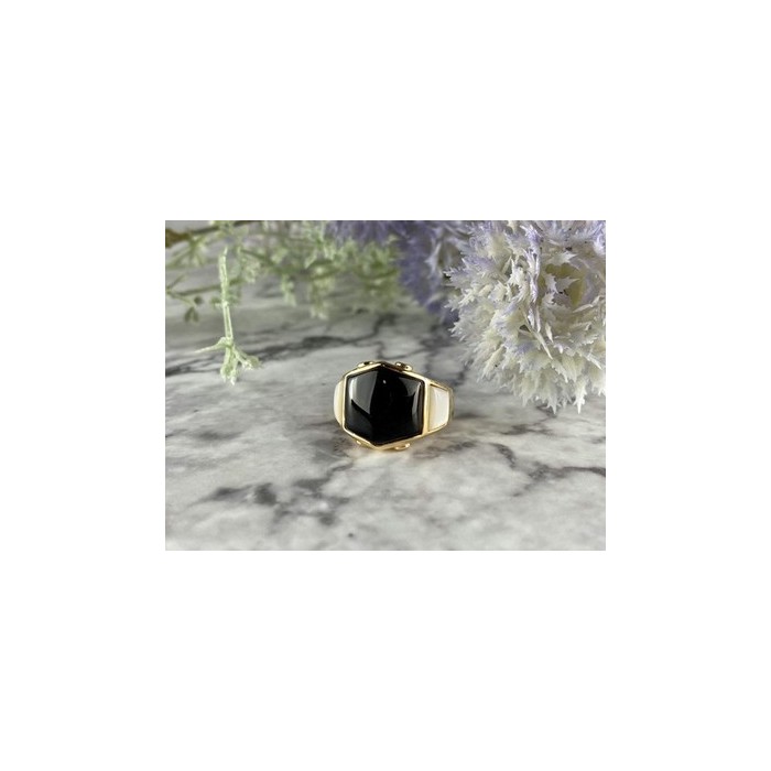 925 Sterling Silver Gold Plated Black Jade, Mother Of Pearl & CZ Ring Size 7
