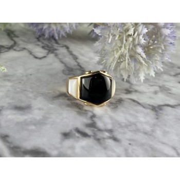 925 Sterling Silver Gold Plated Black Jade, Mother Of Pearl & CZ Ring Size 7