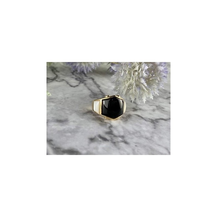 925 Sterling Silver Gold Plated Black Jade, Mother Of Pearl & CZ Ring Size 7
