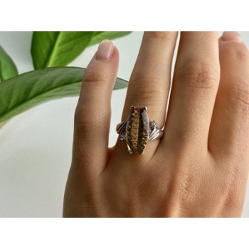 925 Sterling Silver Golden Tourmaline & Quartz Ring Size 6.5