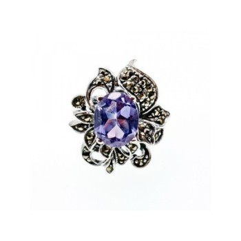 925 Sterling Silver Amethyst & Marcasites Ring Size 7