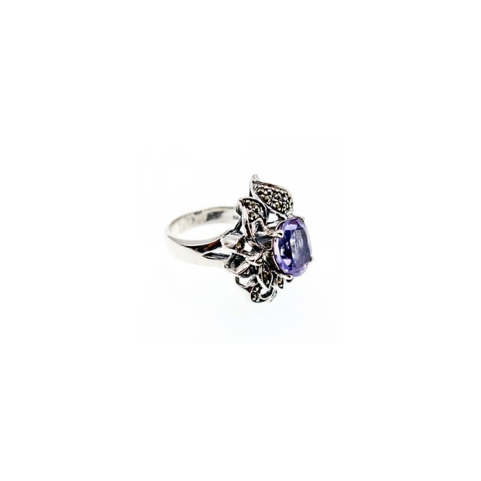 925 Sterling Silver Amethyst & Marcasites Ring Size 7