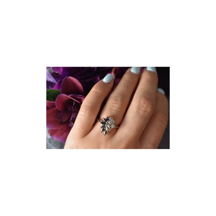 925 Sterling Silver Dark Blue Spinel & CZ Ring Size 6.5