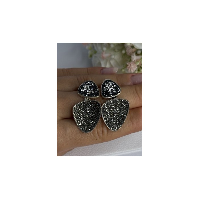 Aesthetic 925 Sterling Silver Marcasite & CZ Earrings Length 1.45 Inch
