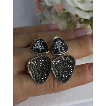 Aesthetic 925 Sterling Silver Marcasite & CZ Earrings Length 1.45 Inch