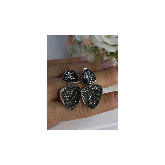 Aesthetic 925 Sterling Silver Marcasite & CZ Earrings Length 1.45 Inch