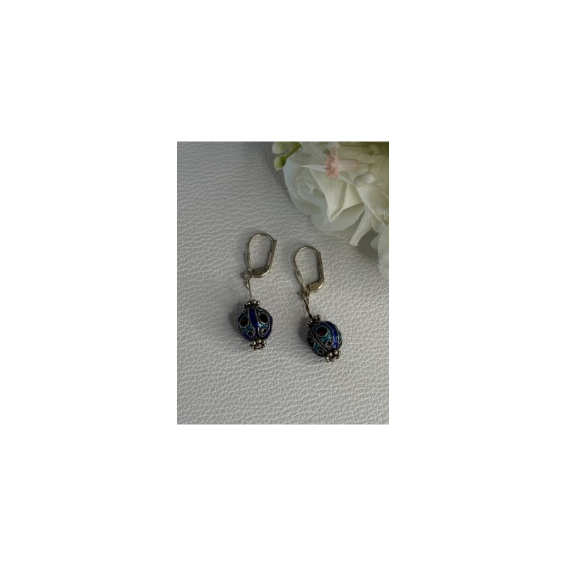 Antique Art Deco 925 Sterling Silver Unique Enamel Earrings Length 1.50 Inch