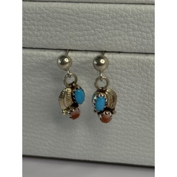 Vintage 925 Sterling Silver Turquoise & Carnelian Earrings Length 0.70 Inch