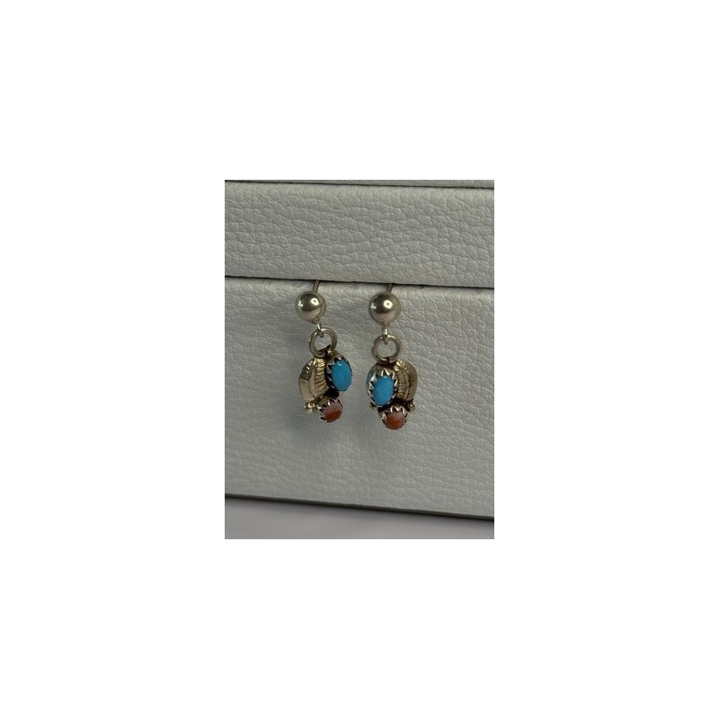 Vintage 925 Sterling Silver Turquoise & Carnelian Earrings Length 0.70 Inch