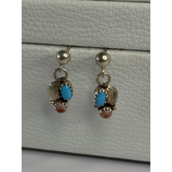 Vintage 925 Sterling Silver Turquoise & Carnelian Earrings Length 0.70 Inch