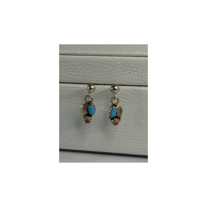 Vintage 925 Sterling Silver Turquoise & Carnelian Earrings Length 0.70 Inch