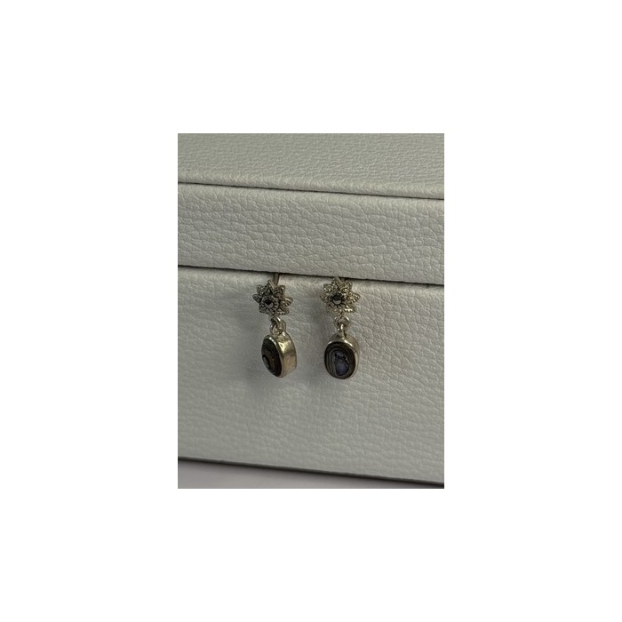 925 Sterling Silver Abalone & Marcasite Earrings Length 0.60 Inch