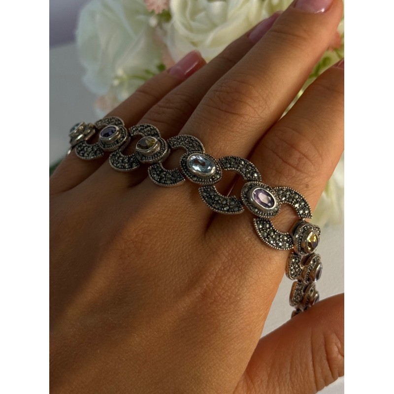 925 Sterling Silver Amethyst Citrine Topaz Marcasite Bracelet Length 7.5 Inch