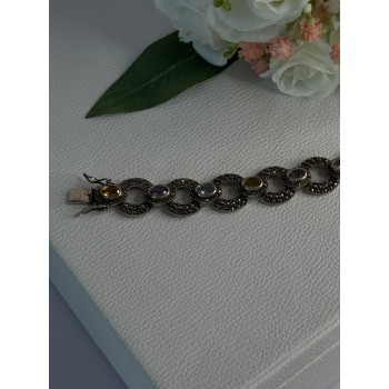 925 Sterling Silver Amethyst Citrine Topaz Marcasite Bracelet Length 7.5 Inch
