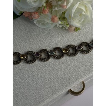 925 Sterling Silver Amethyst Citrine Topaz Marcasite Bracelet Length 7.5 Inch