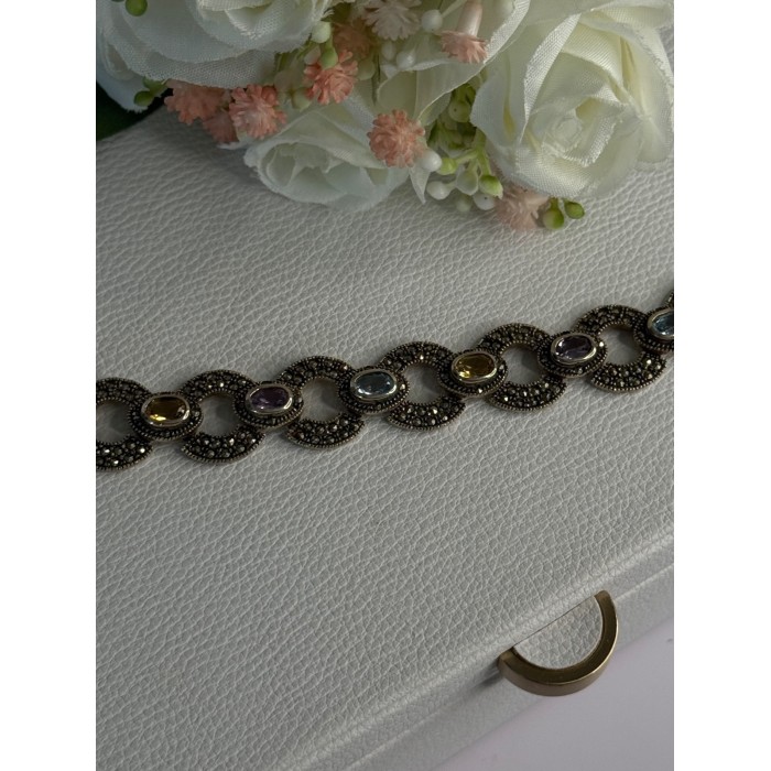 925 Sterling Silver Amethyst Citrine Topaz Marcasite Bracelet Length 7.5 Inch