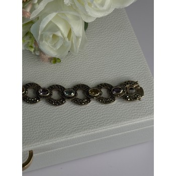 925 Sterling Silver Amethyst Citrine Topaz Marcasite Bracelet Length 7.5 Inch