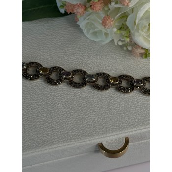 925 Sterling Silver Amethyst Citrine Topaz Marcasite Bracelet Length 7.5 Inch