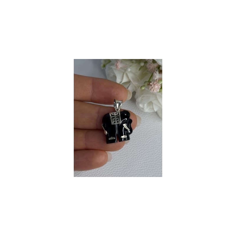 925 Sterling Silver Onyx Elephant Pendant Length 1.10 Inch