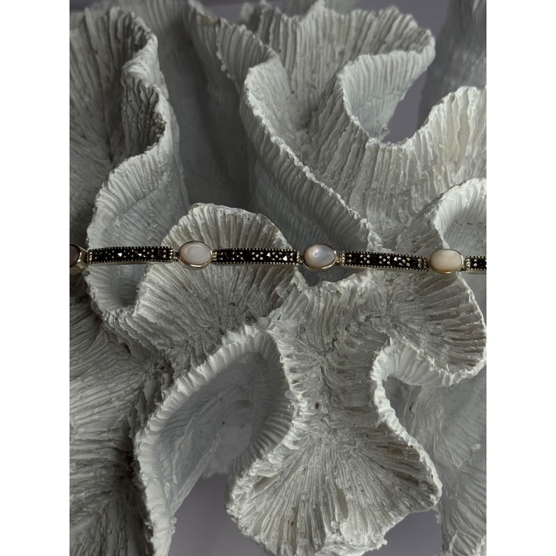 925 Sterling Silver Pink Abalone & Marcasite Bracelet Length 7.5