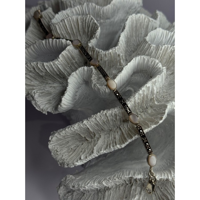 925 Sterling Silver Pink Abalone & Marcasite Bracelet Length 7.5