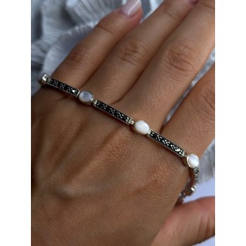 925 Sterling Silver Pink Abalone & Marcasite Bracelet Length 7.5