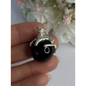 925 Sterling Silver Onyx Cat Pendant Length 1.20 Inch